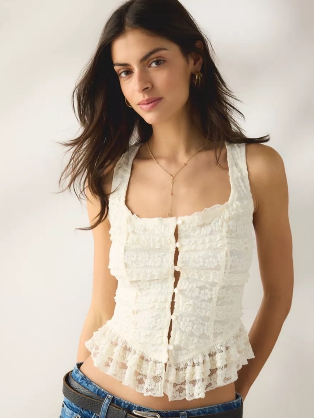 Kimchi Blue by Urban Outfitters Amara Ruffle Lace Button-Front Tank Top Size XXS - Picture 2 of 11